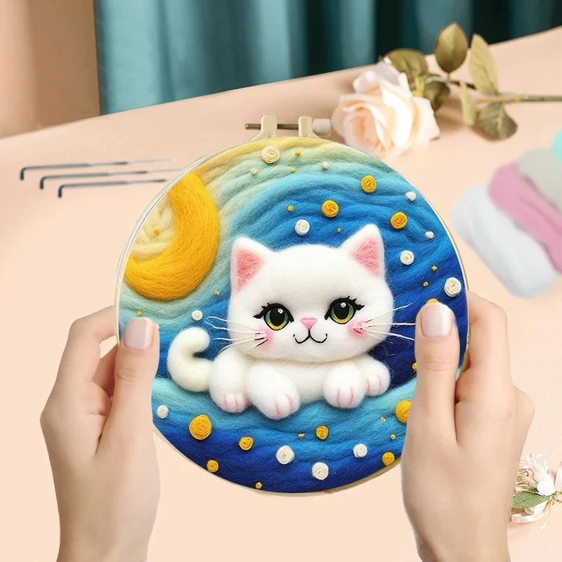 Adorable Cat Wool Embroidery Kit - DIY Needle Felting Craft for Home Decor