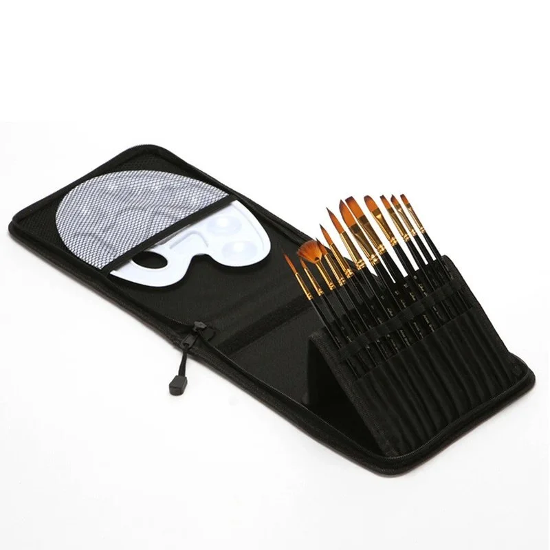 12-Piece Paint Brush Set with Palette & Canvas Bag