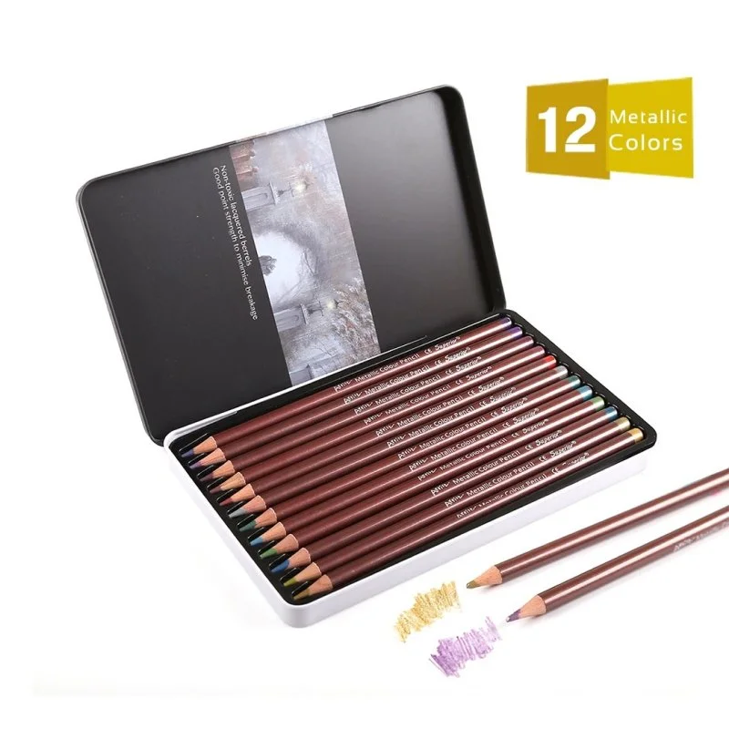 Non-Toxic Wood Set 12 Metallic Colored Pencils for Professional Artists