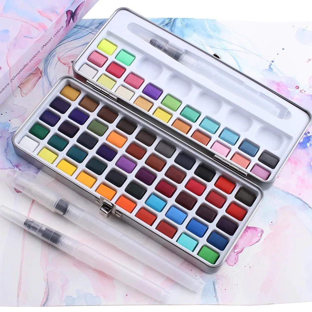 72-Color Watercolor Paint Set with Metallic & Fluorescent Shades, Iron Box with Water Brush