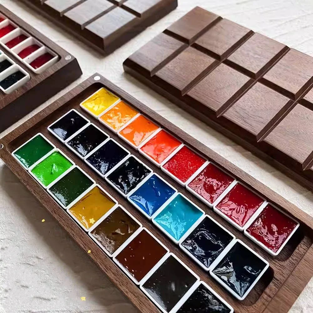 Portable Walnut Wood Watercolor Paint Palette Box