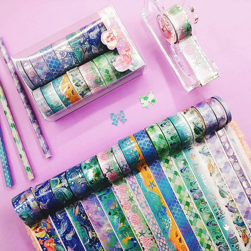 16 Rolls Mermaid Washi Tape Set with Silver Foil