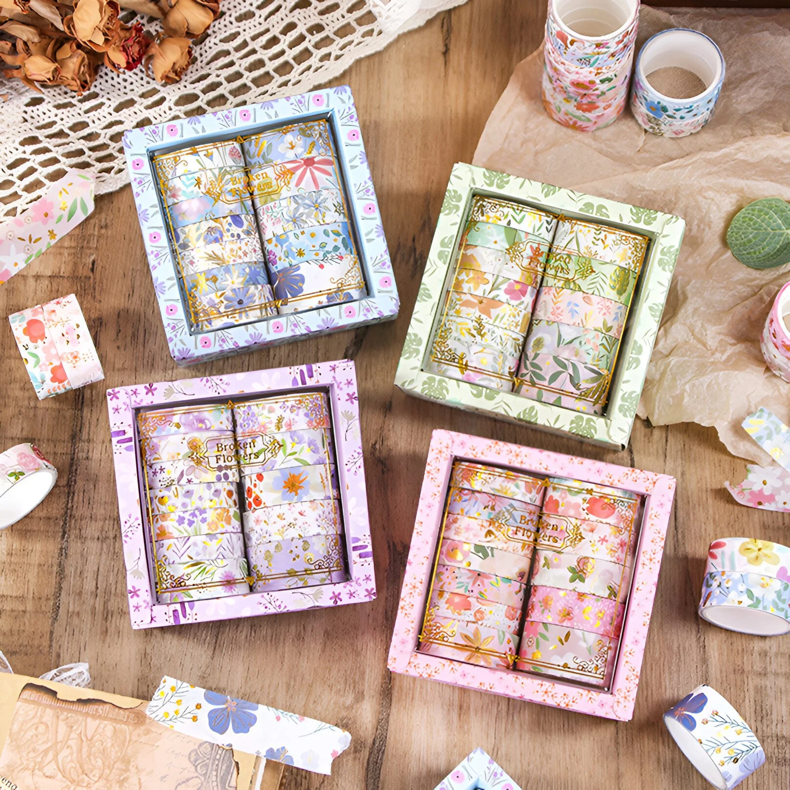 12 Rolls Floral Gold Foil Washi Tape Set for Scrapbooking & Journaling