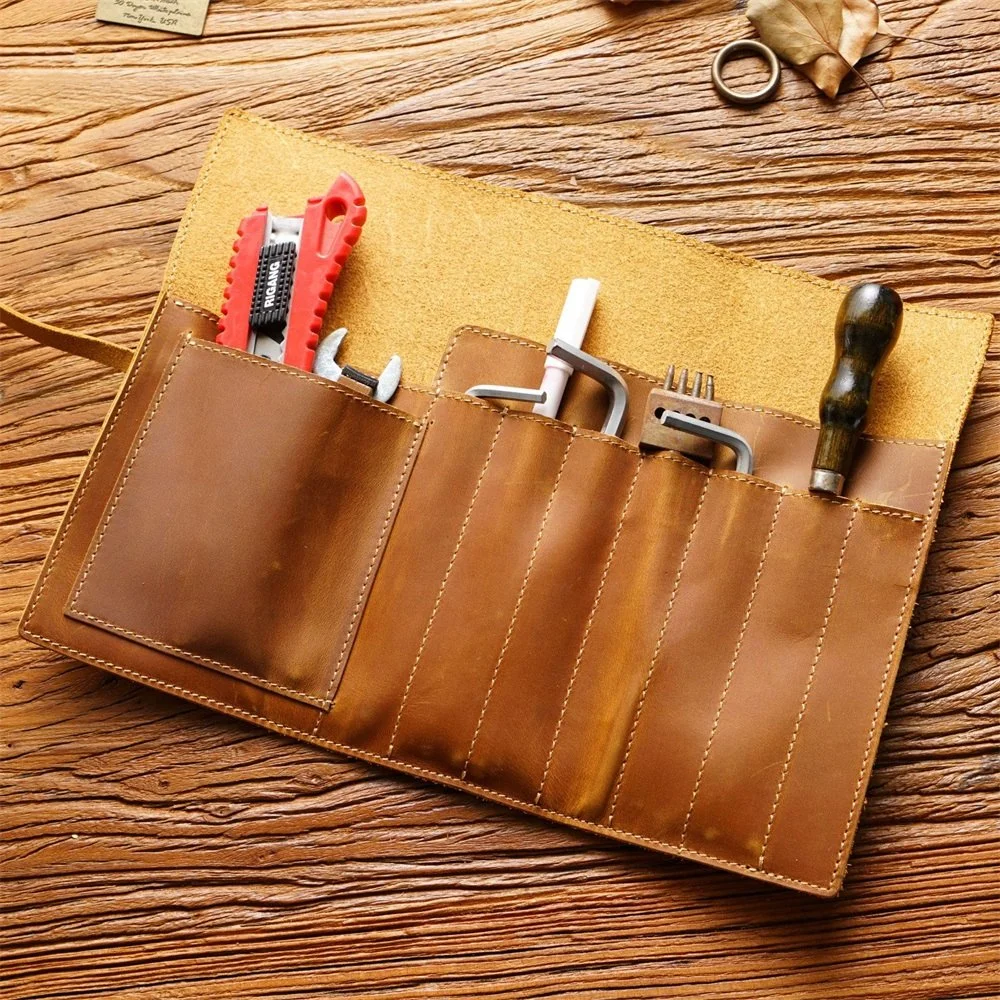 Genuine Leather Pencil Case - Multifunctional Storage Bag for Students and Professionals