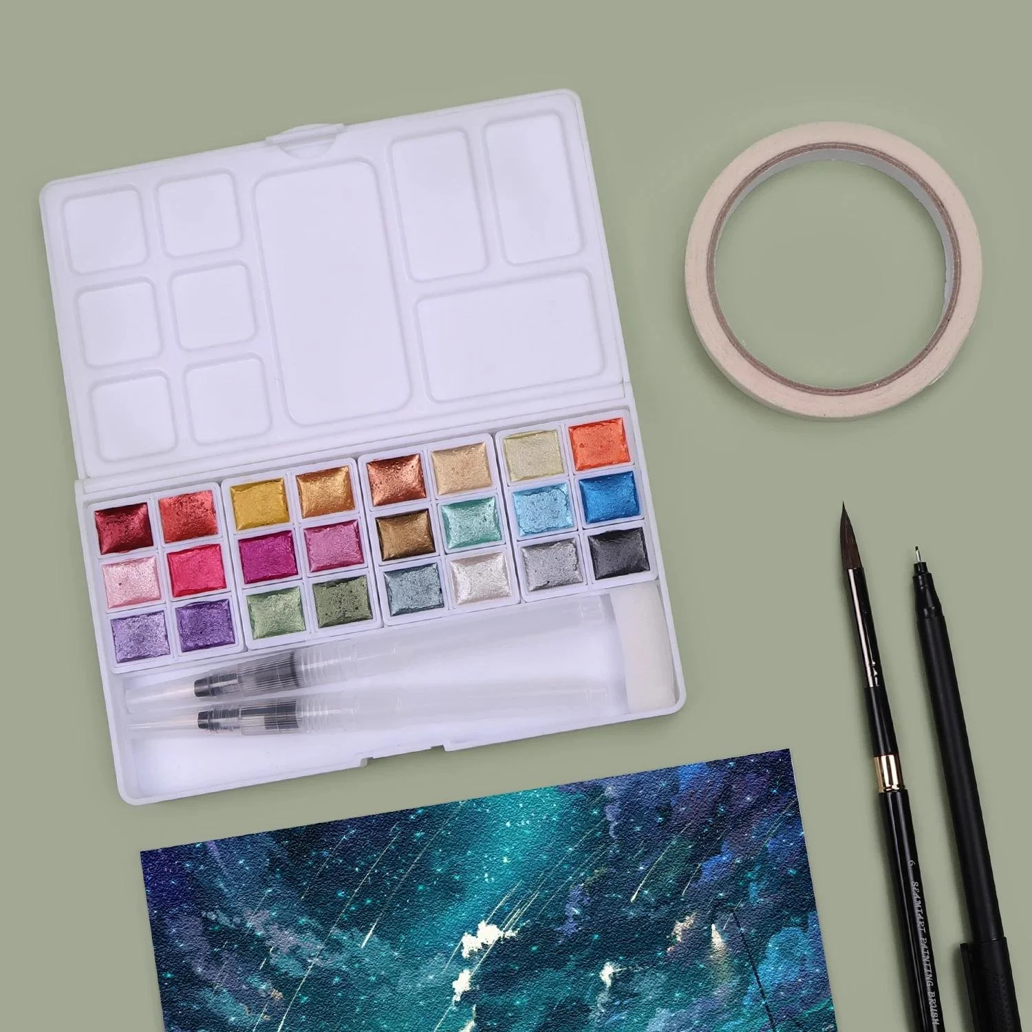 24 Color Glitter Metallic Watercolor Paint Set with Brushes and Palette