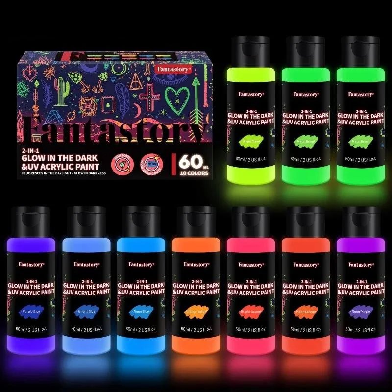 10-Color Glow in the Dark Acrylic Paint Set