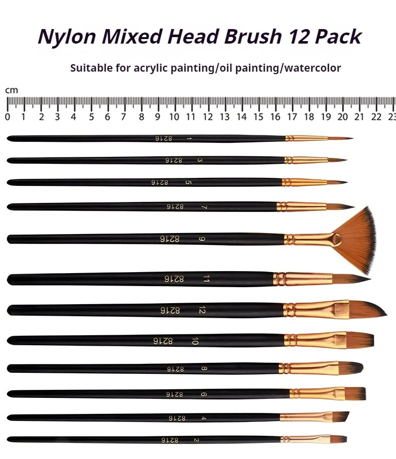 12-Piece Nylon Bristle Paint Brush Set for Acrylic, Oil & Watercolor Painting