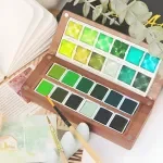 12 Color Oasis Green Tone Solid Watercolor Set with Walnut Box Palette