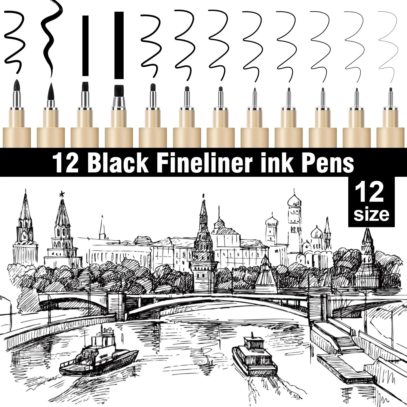 12 Pack Black Fineliner Drawing Pens Set