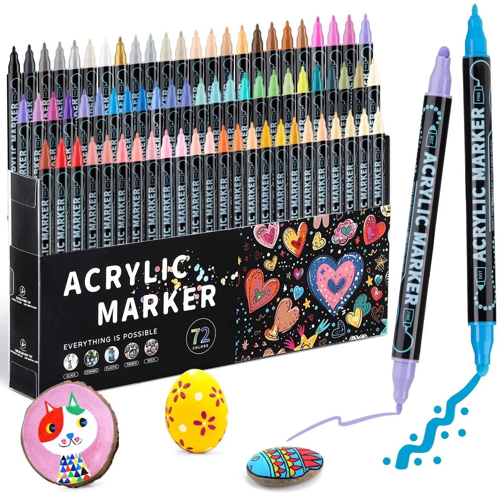 72 Colors Dual Tip Acrylic Paint Pens for Rock, Wood, Glass & Canvas