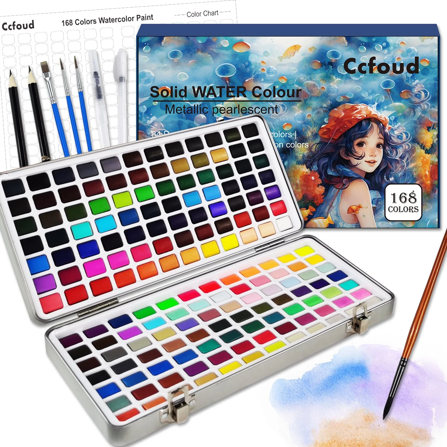 168-Color Watercolor Paint Set with Palette and Brushes for Travel and Art