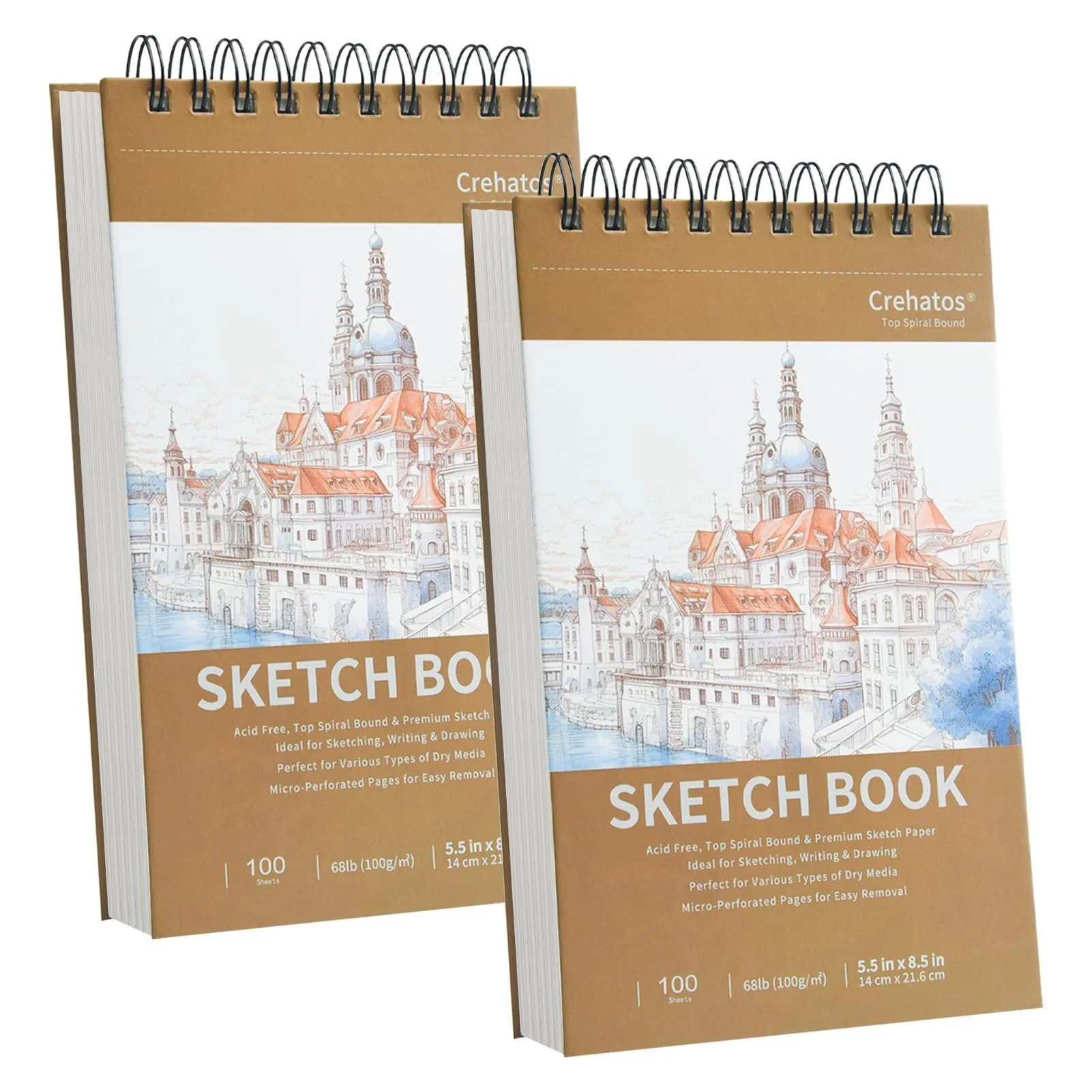 Top Spiral Bound Sketchbook 5.5" x 8.5" 2-Pack, 100 Sheets, 68lb Drawing Paper