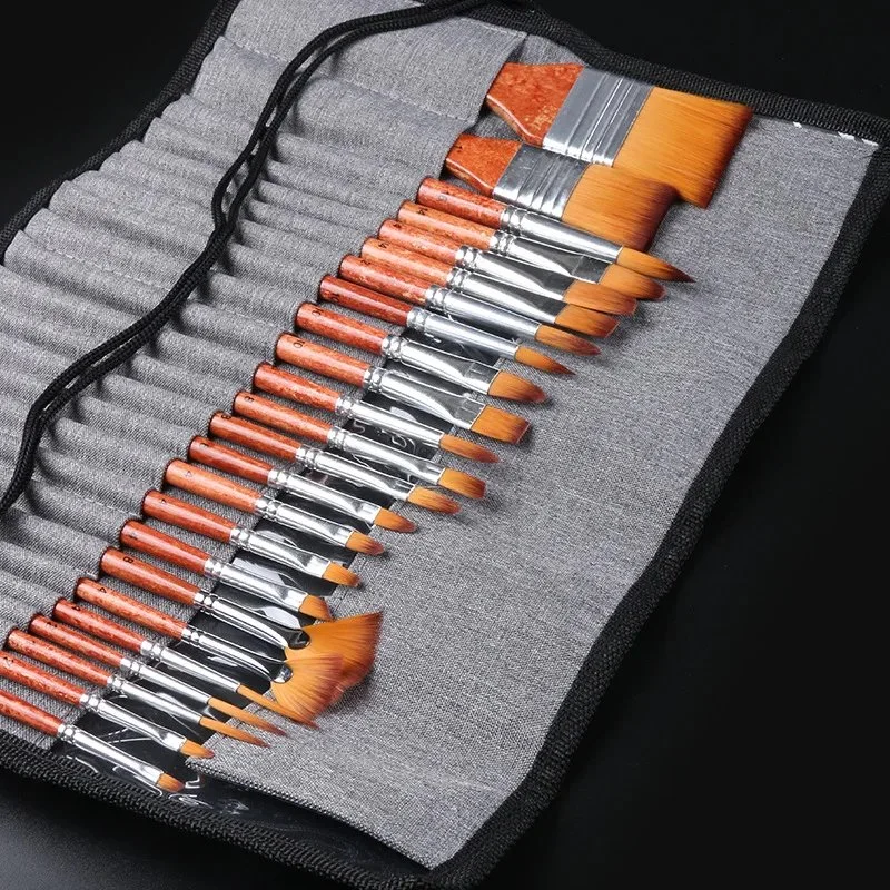 25pcs Nylon Hair Paint Brush Set with Wooden Handles and Storage Case