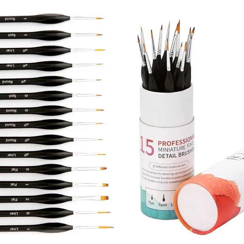 15pcs Detail Paint Brush Set with Wooden Handle for Fine Art and Miniatures