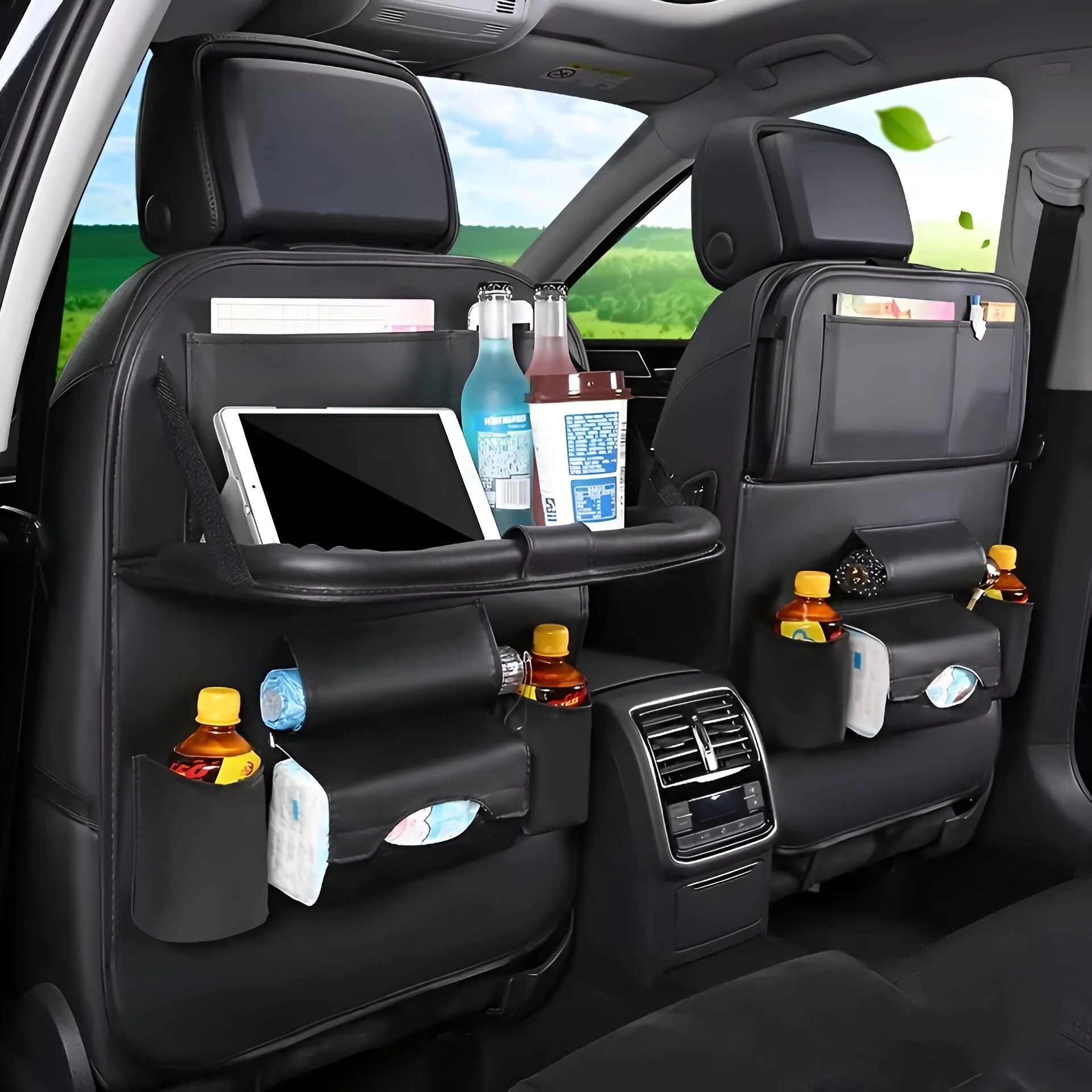 Luxury PU Leather Car Seat Back Organizer with Foldable Tray – Fits Toyota, Ford, Honda