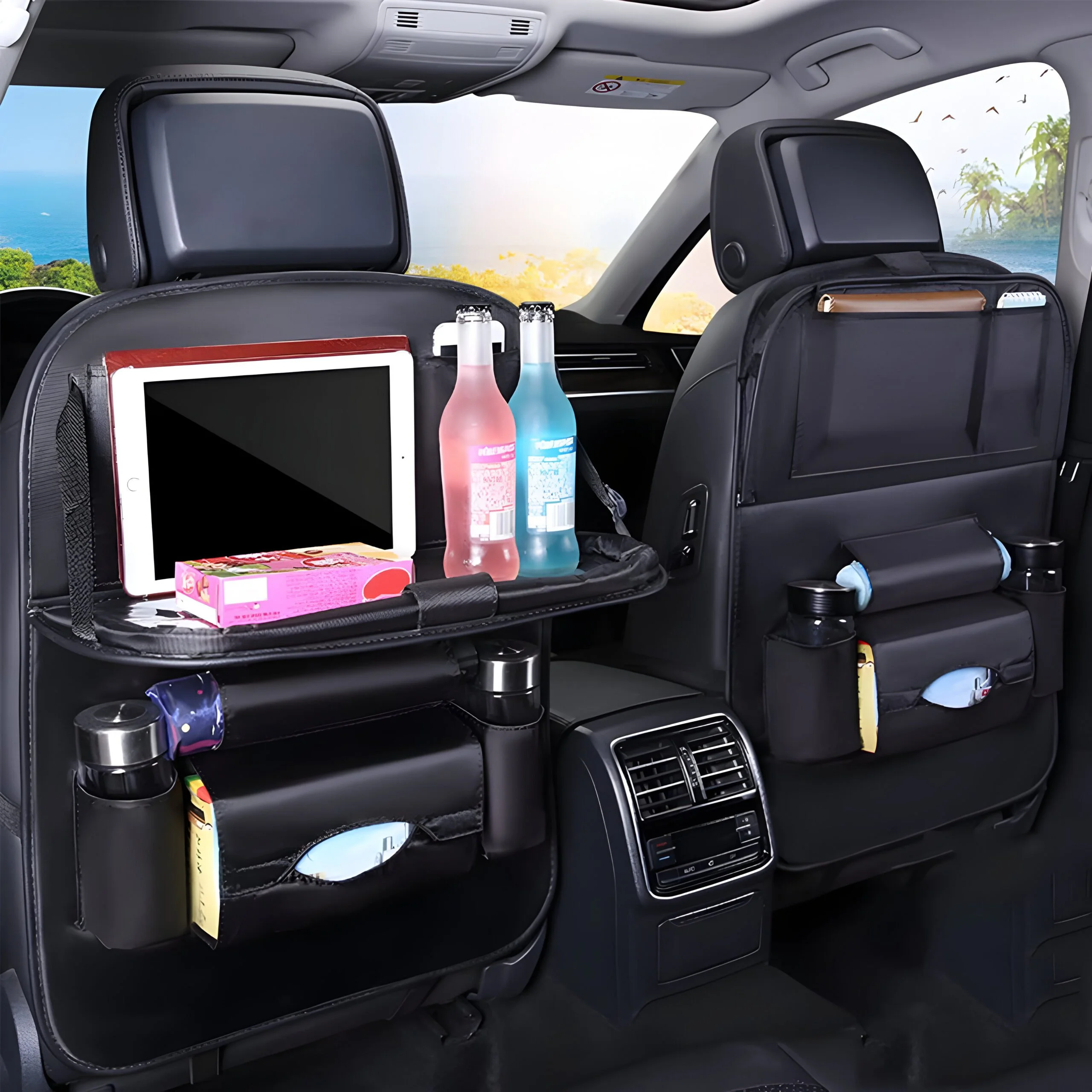 Premium PU Leather Car Seat Back Organizer with Foldable Tray For Mercedes, Toyota, Honda, and Ford