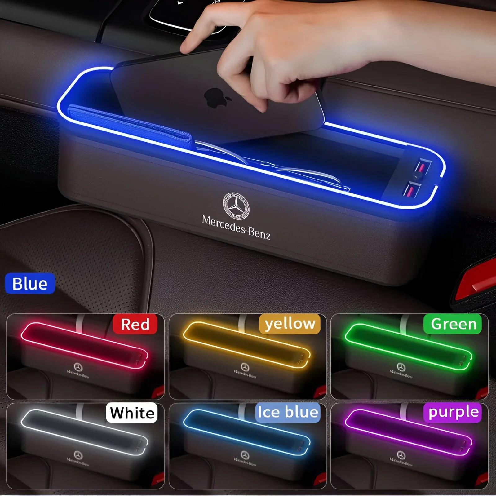 USB Charging Seat Gap Storage Box for Mercedes-Benz, Audi, BMW - Multi-Color Light