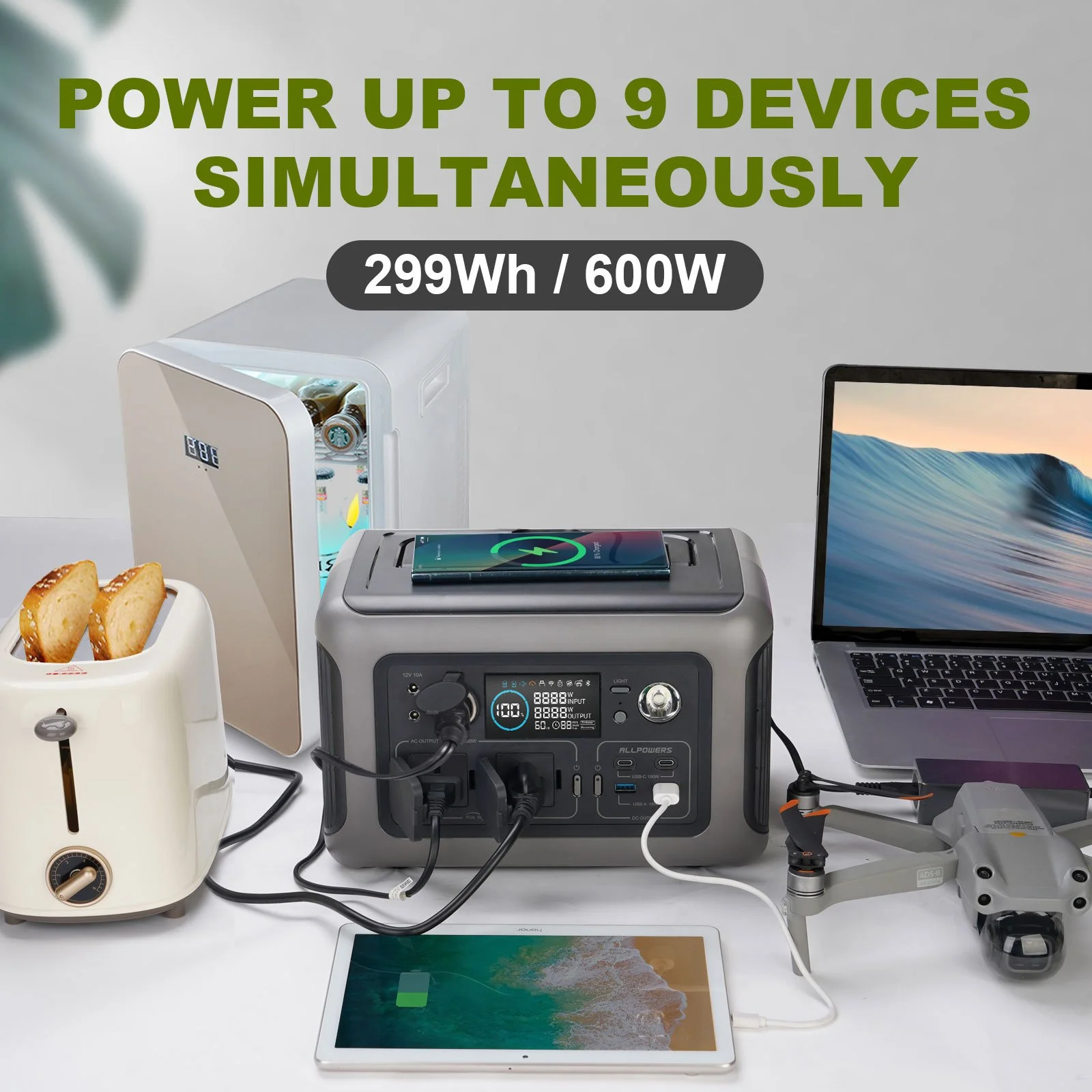 R600 Portable Power Station, 299Wh LiFePO4 Battery for Tesla, Ford, Toyota