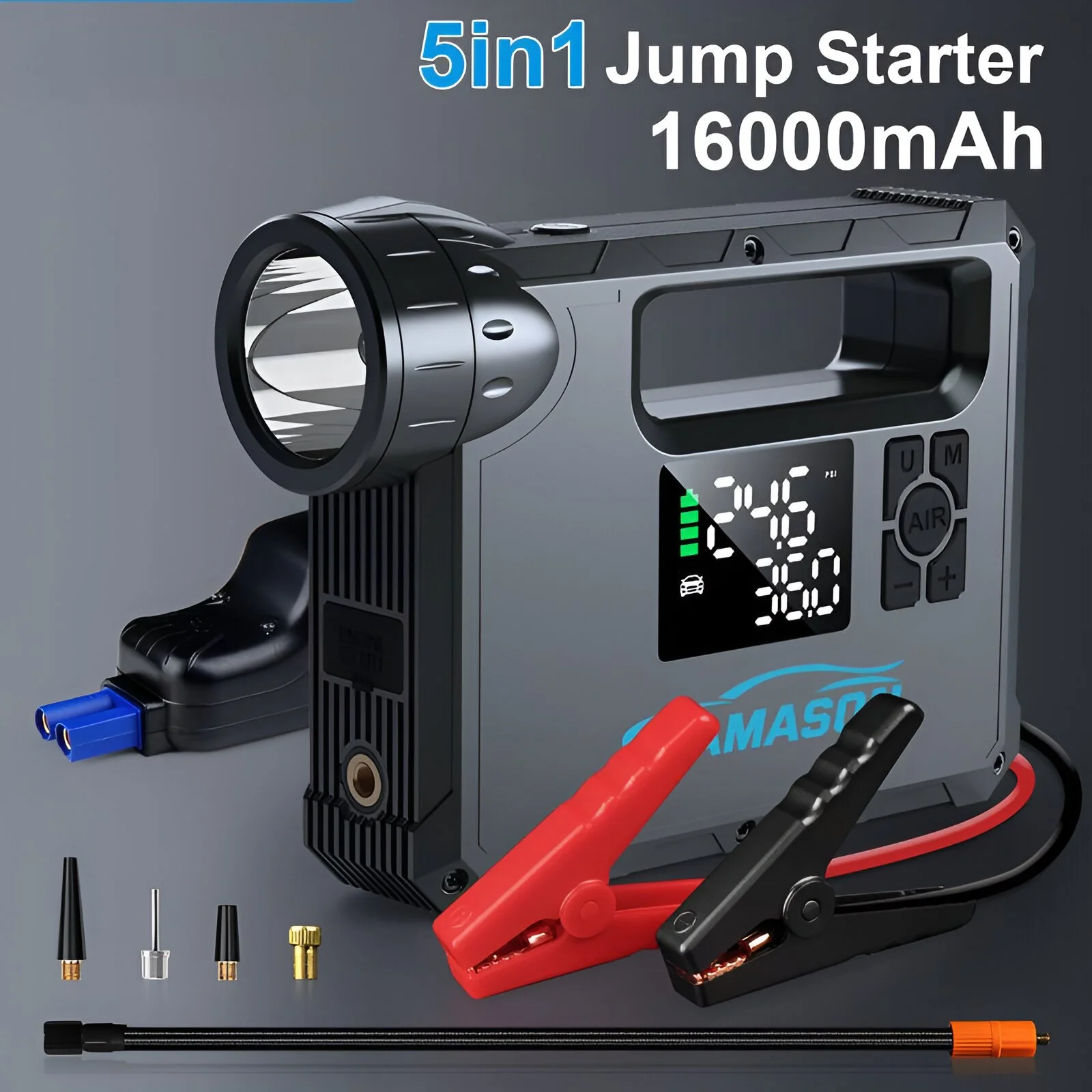 5-in-1 Car Jump Starter with Air Compressor, Flashlight & Power Bank for Volkswagen, Mazda, Lamborghini