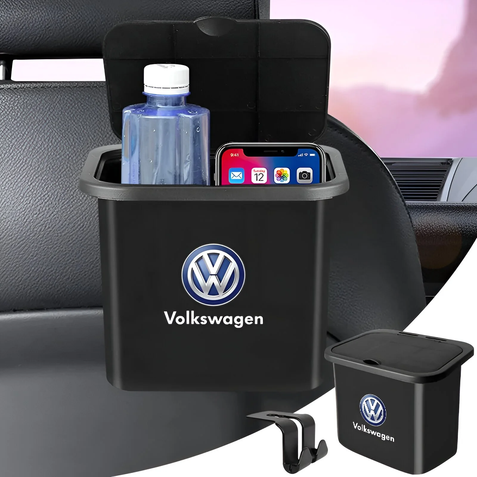 Car Hanging Trash Bin & Storage Box with Phone Holder Hook for Volkswagen Golf, Passat, Polo