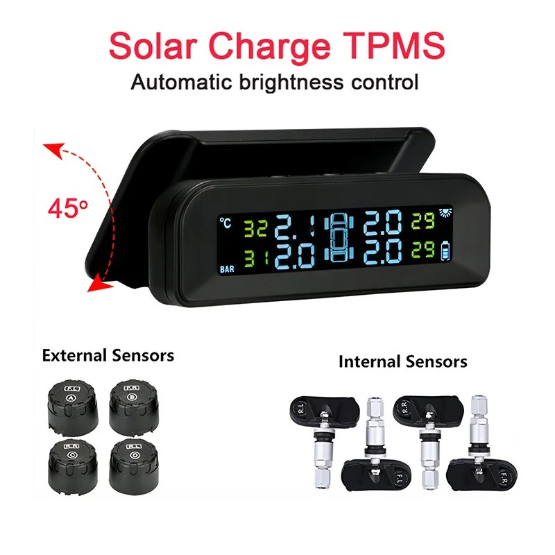 Smart Car TPMS System for Honda, Toyota & Ford with Solar Charging LCD Display