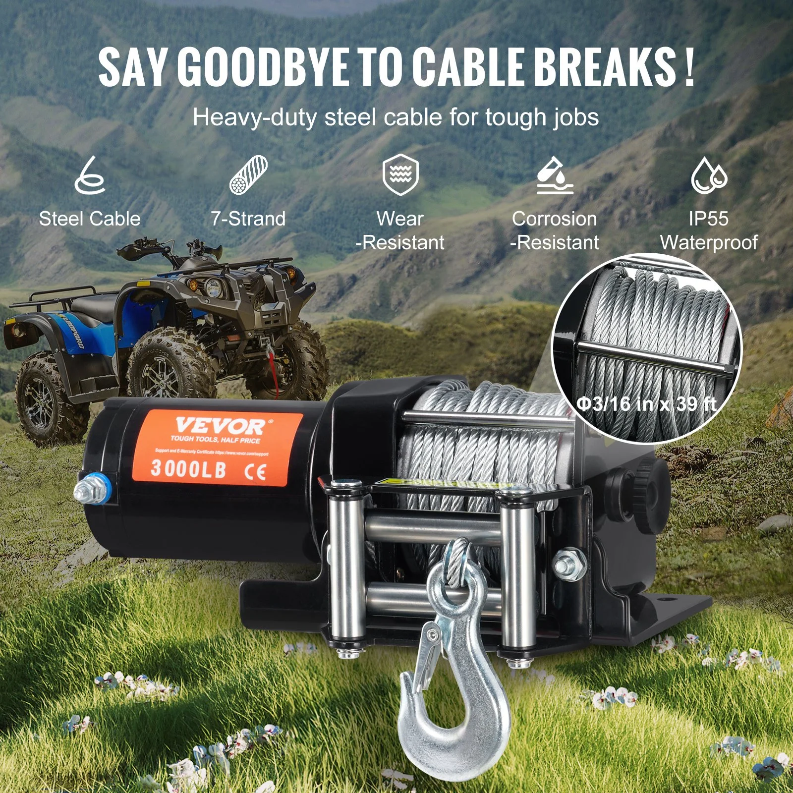 Waterproof ATV UTV Winch with Steel Cable