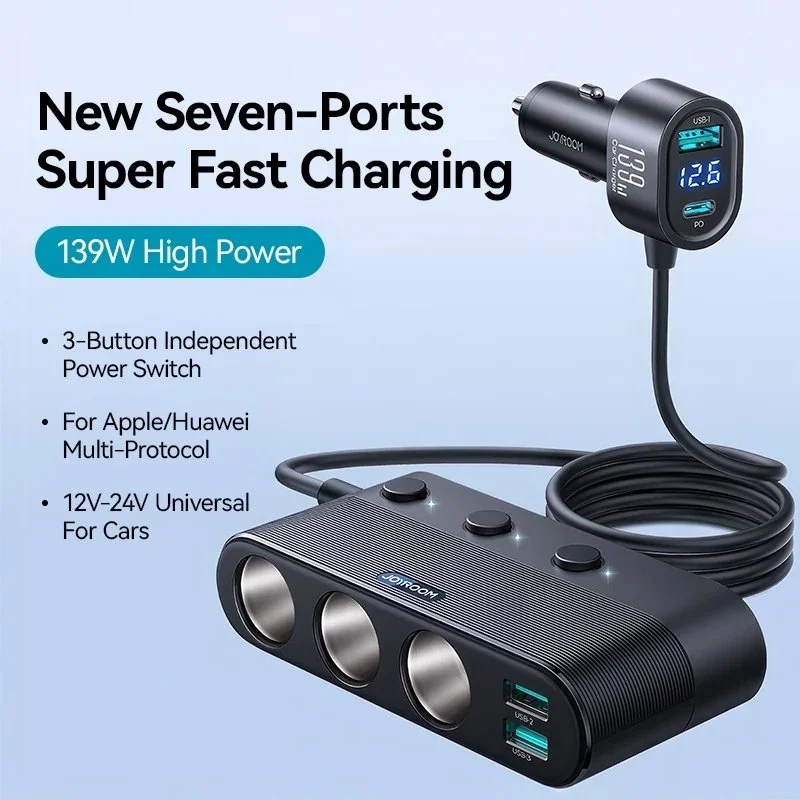 139W 7-in-1 Multi-Port Fast Car Charger with PD/QC3.0 USB C & Cigarette Lighter Adapter