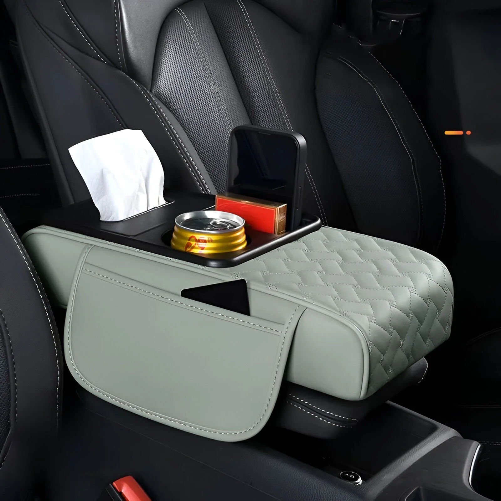 Luxury Leather Car Armrest Pad with Storage & Cup Holder – Universal Fit