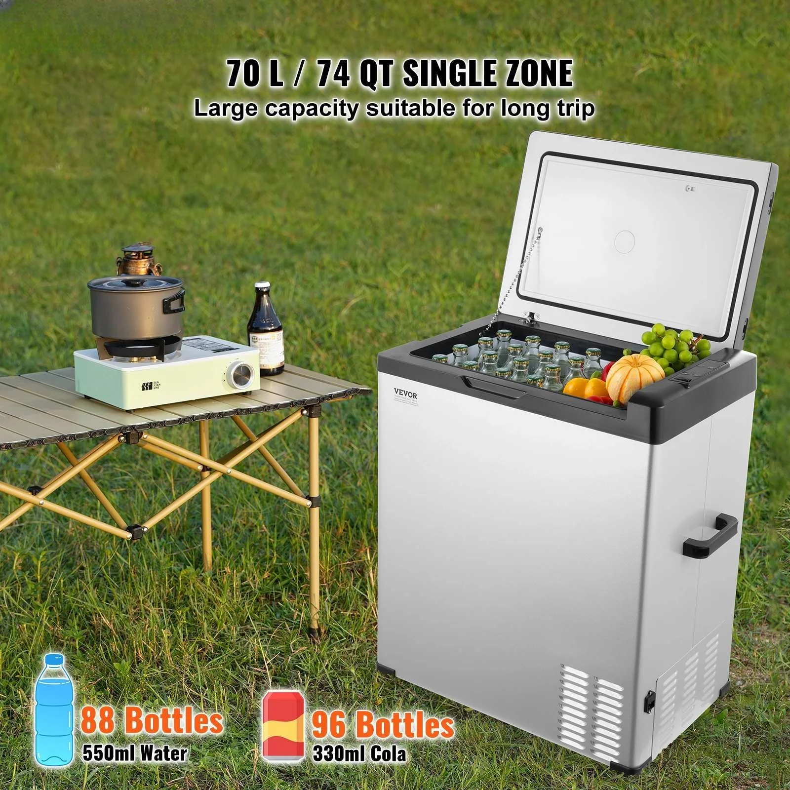 Portable 70L Car Refrigerator, 12V/24V DC & 110V/240V AC, Adjustable Temperature