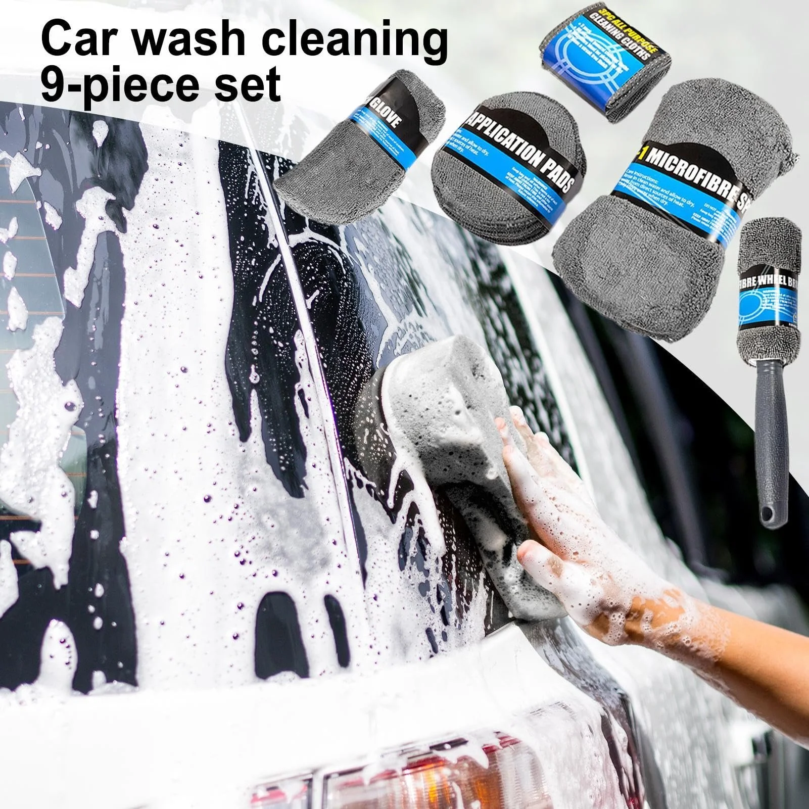 9-in-1 Microfiber Car Wash Kit with Towels, Sponges, Brushes & Applicator Pads