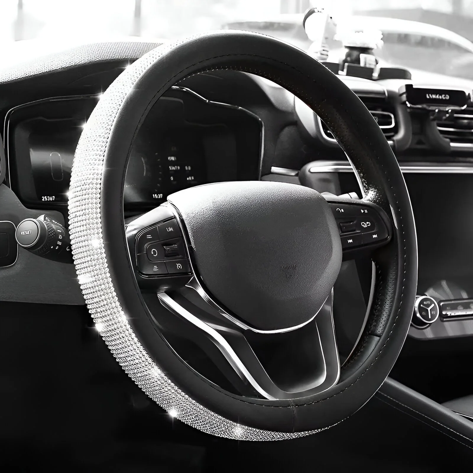Luxury Bling Crystal Leather Car Steering Wheel Cover – 15 Inch Universal Fit