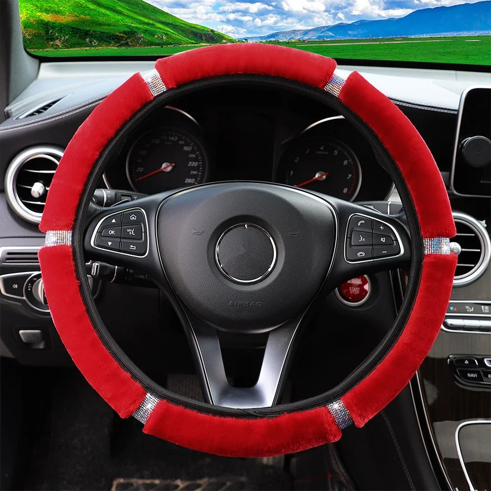 Luxury Plush Steering Wheel & Gear Cover Set with Rhinestones - Black Pink