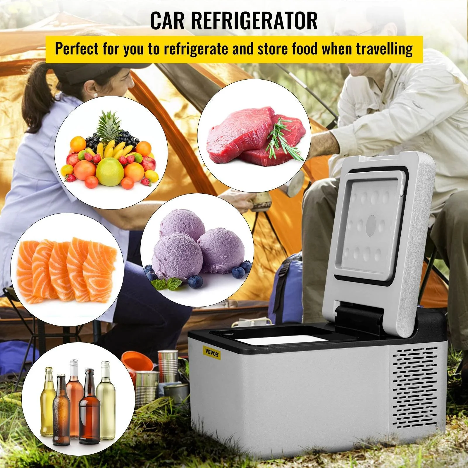 Portable 9L/15L Car Refrigerator with Freezer, 12V/24V DC & 110-240V AC