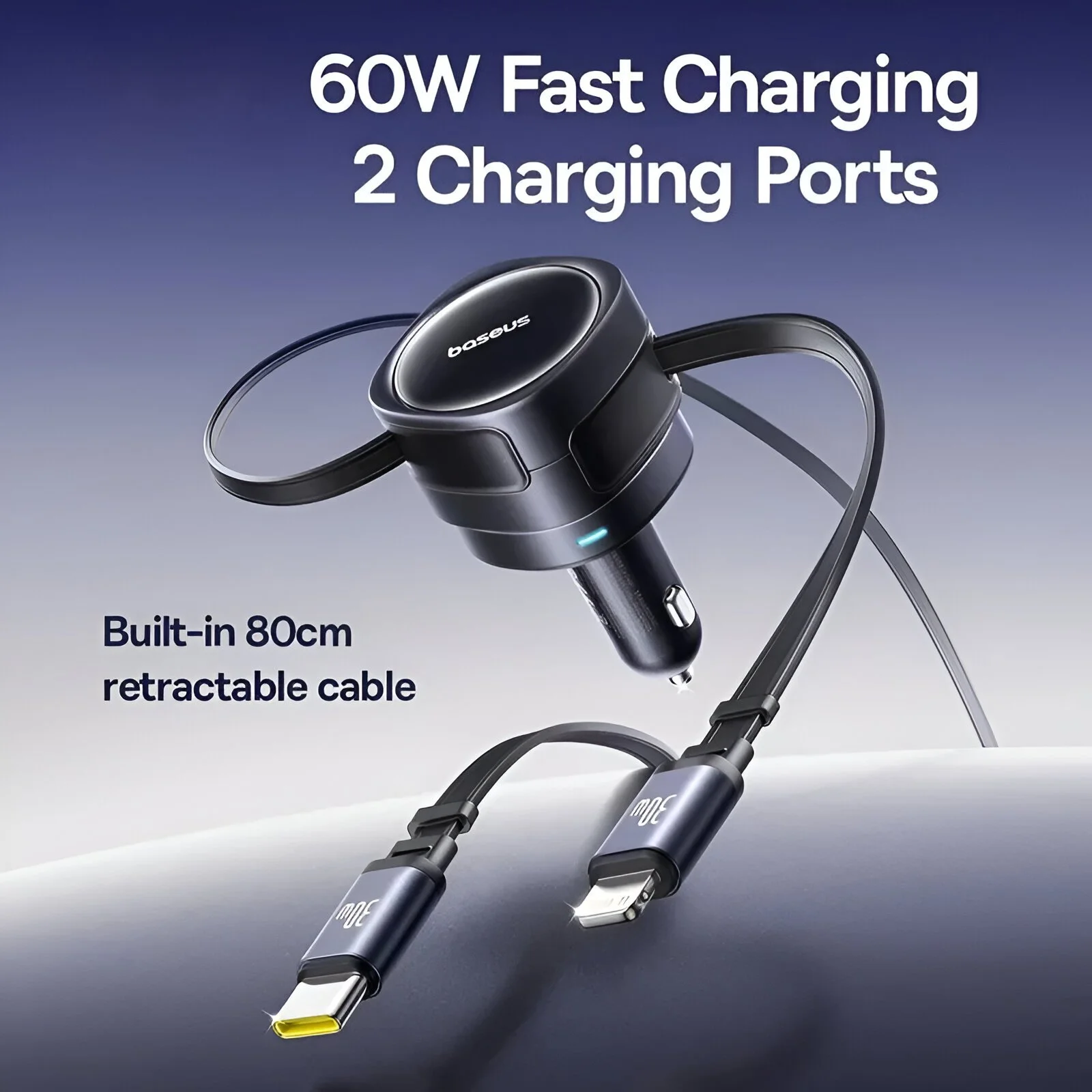 60W Dual Retractable USB-C & Lightning Car Charger