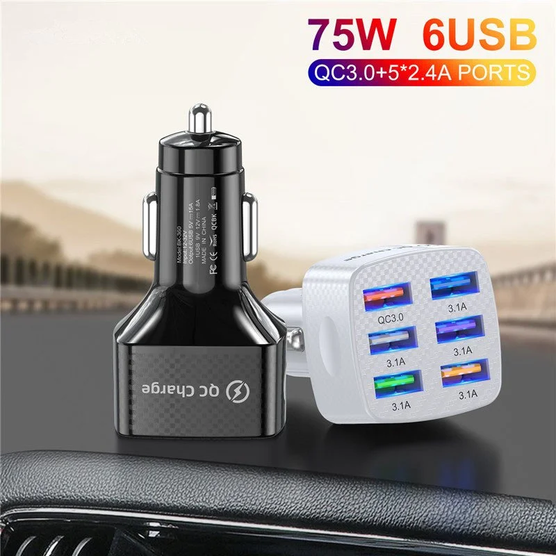 75W 6-Port USB Car Charger with QC3.0 Fast Charging for Phones & Tablets