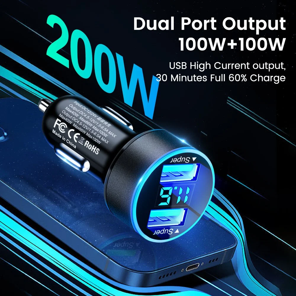 200W Dual USB Car Charger with Quick Charge & LED Display