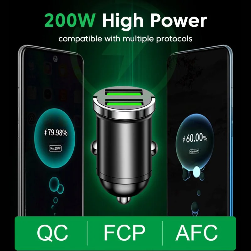 200W Dual USB Car Charger – Fast Charging Adapter with Pull Ring