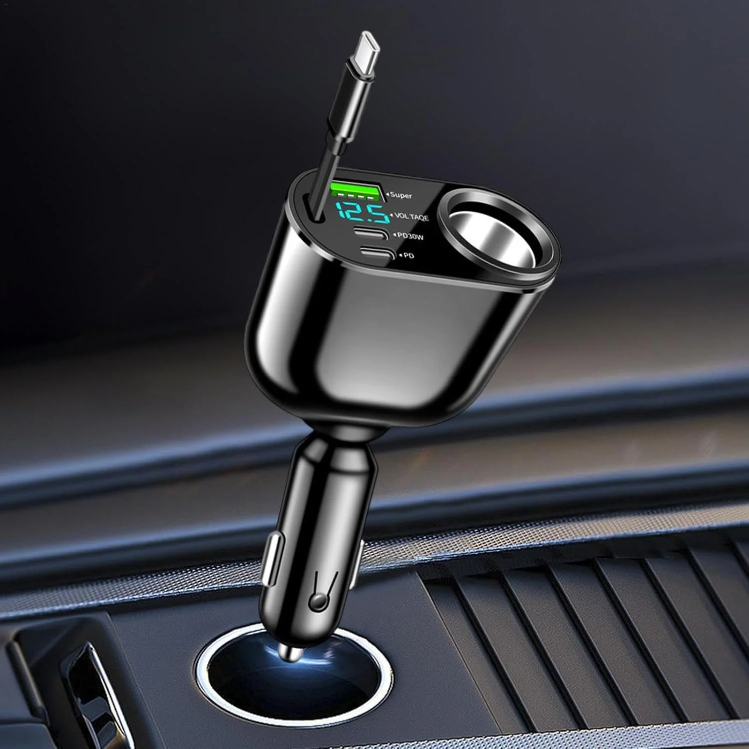 5-in-1 96W Car USB Charger with PD30W Super Fast Charging and Cigarette Lighter Adapter