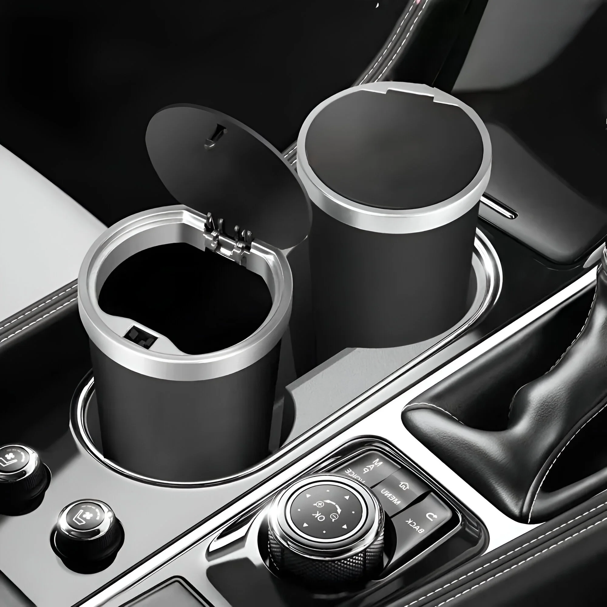 Mini Car Trash Can with Cup Holder - Leak-proof, Odor Blocking, Waterproof Trash Bin for SUV, Sedans, Trucks