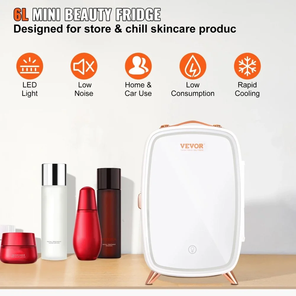 Compact 6L Mini Fridge with Adjustable Cooling & LED Makeup Mirror