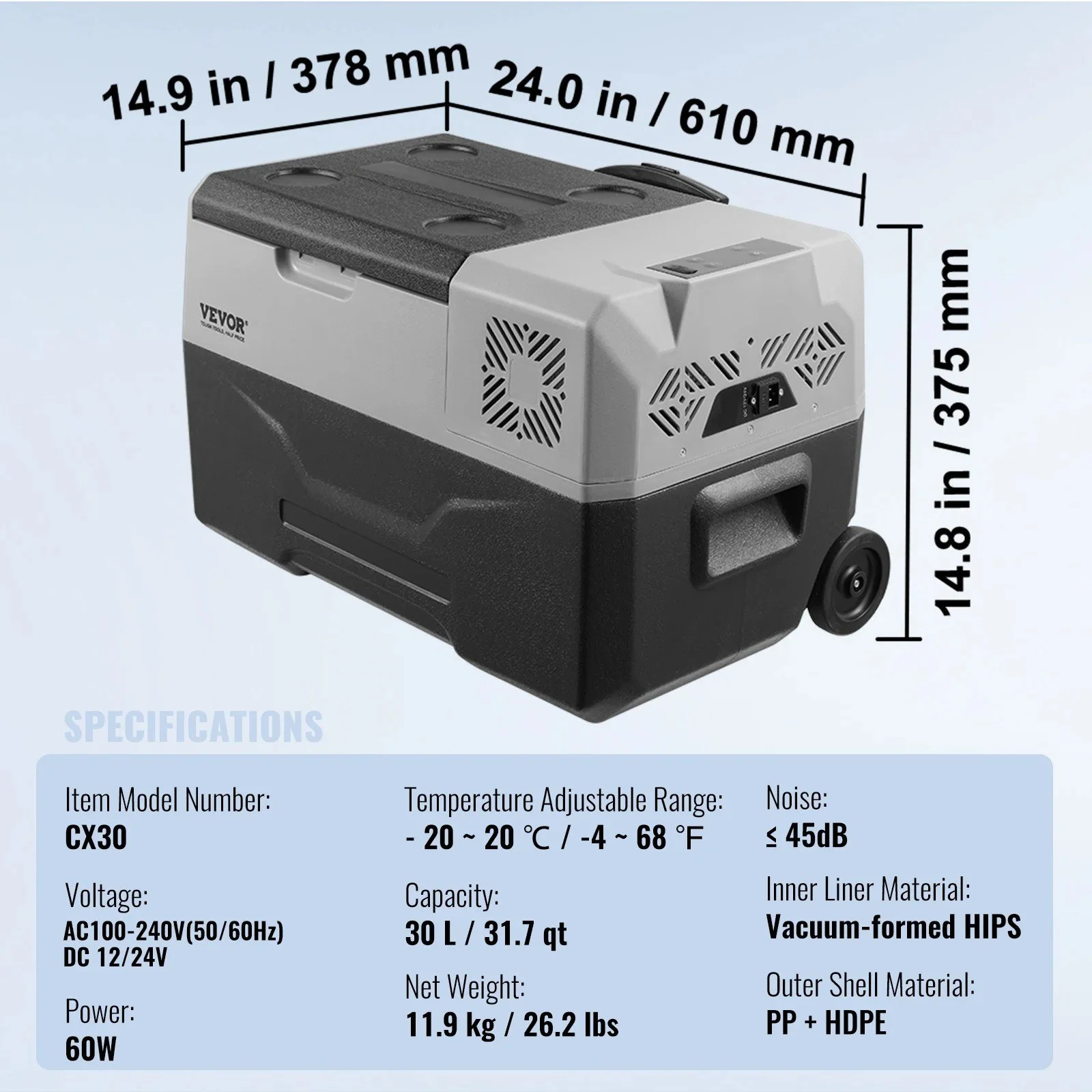 12V Portable Car Refrigerator 30L Compressor Cooler with Wheels for Camping
