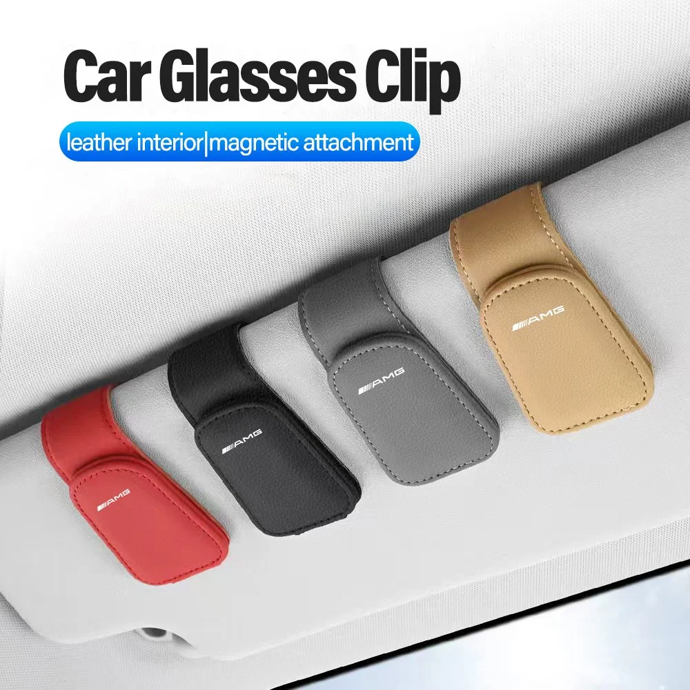 Leather Car Sunglasses Holder Clip with Card Slot for Benz AMG Models