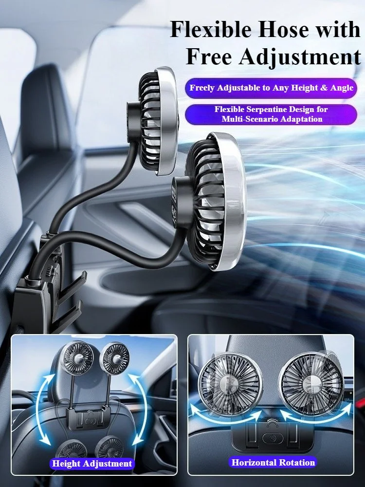 Dual-Head Car Fan with 360° Rotation for Tesla Rear Seat Cooling - USB Type-C Charging