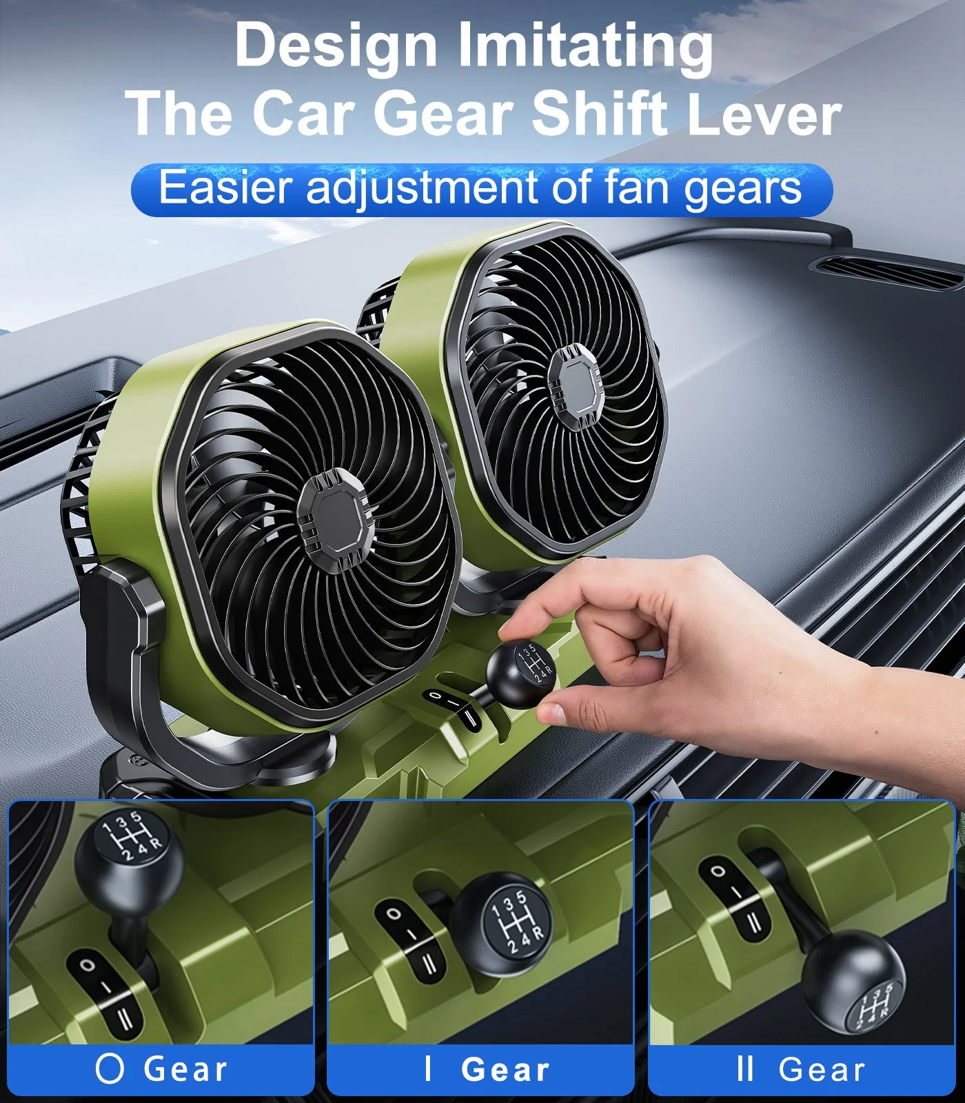 Dual-Head Car Fan 2 Speeds 360° Rotatable for Vehicle Cooling with USB and Cigarette Lighter Adapter
