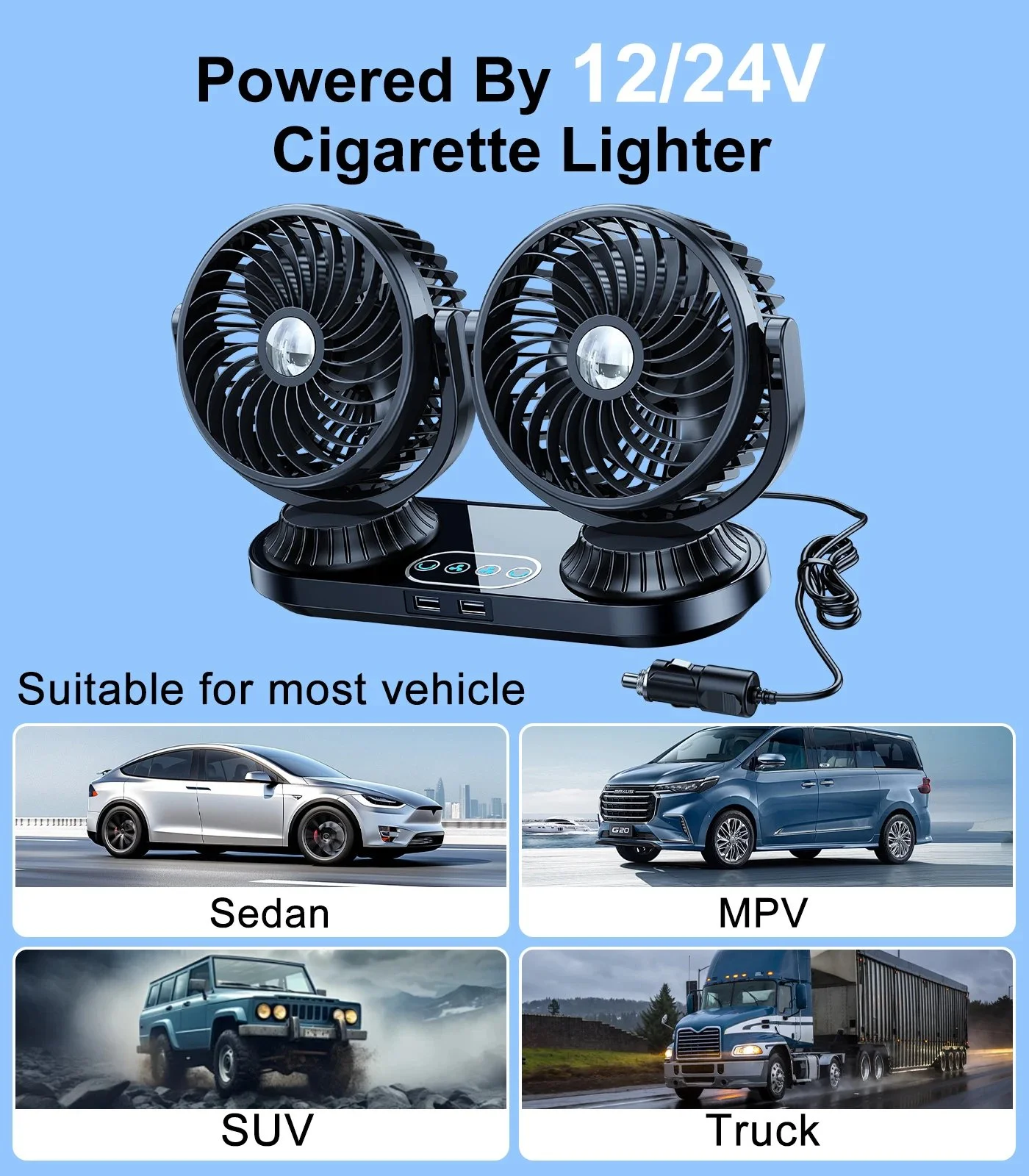 12V/24V Dual Head Car Fan with USB Ports – 360° Adjustable Cooling