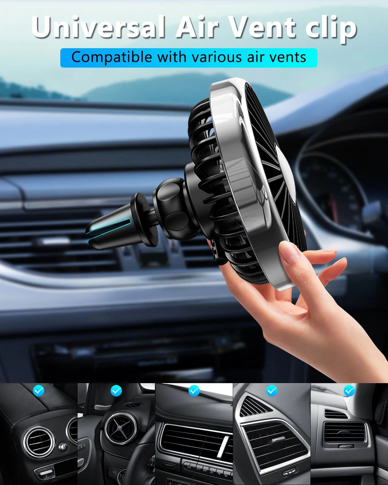 360° Rotating Car Vent Cooling Fan with LED Light and 3-Speed USB Airflow