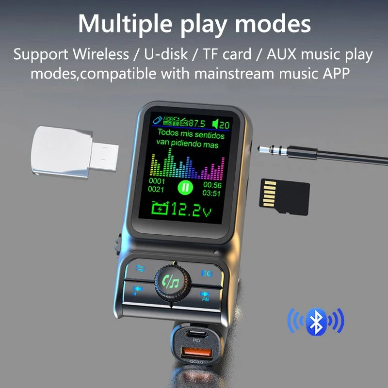 Bluetooth 5.0 FM Transmitter with Dual USB Quick Charger & Ambient Light
