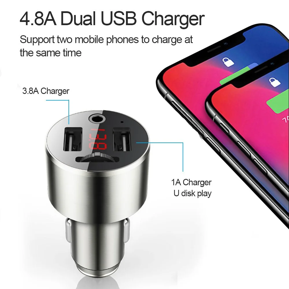 Bluetooth 5.0 Car FM Transmitter with Dual USB Charger & AUX Music Player