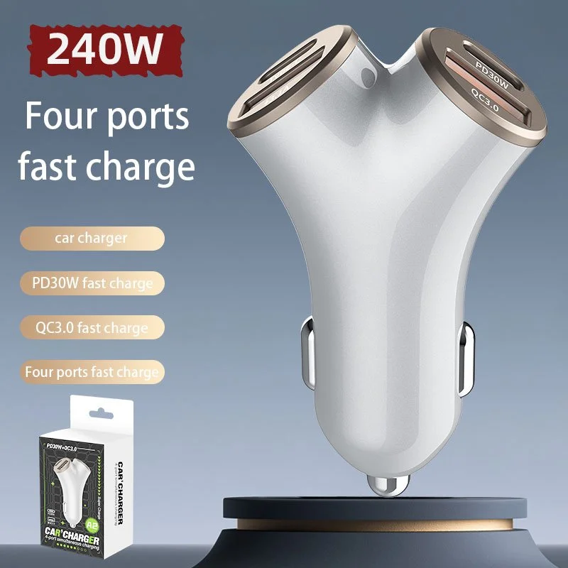 240W Fast 4-Port USB-C PD Car Charger with Quick Charge for Phones & Tablets