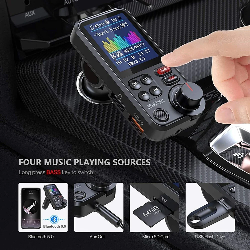 Wireless Car Bluetooth FM Transmitter with QC3.0 Charging & Sound Control